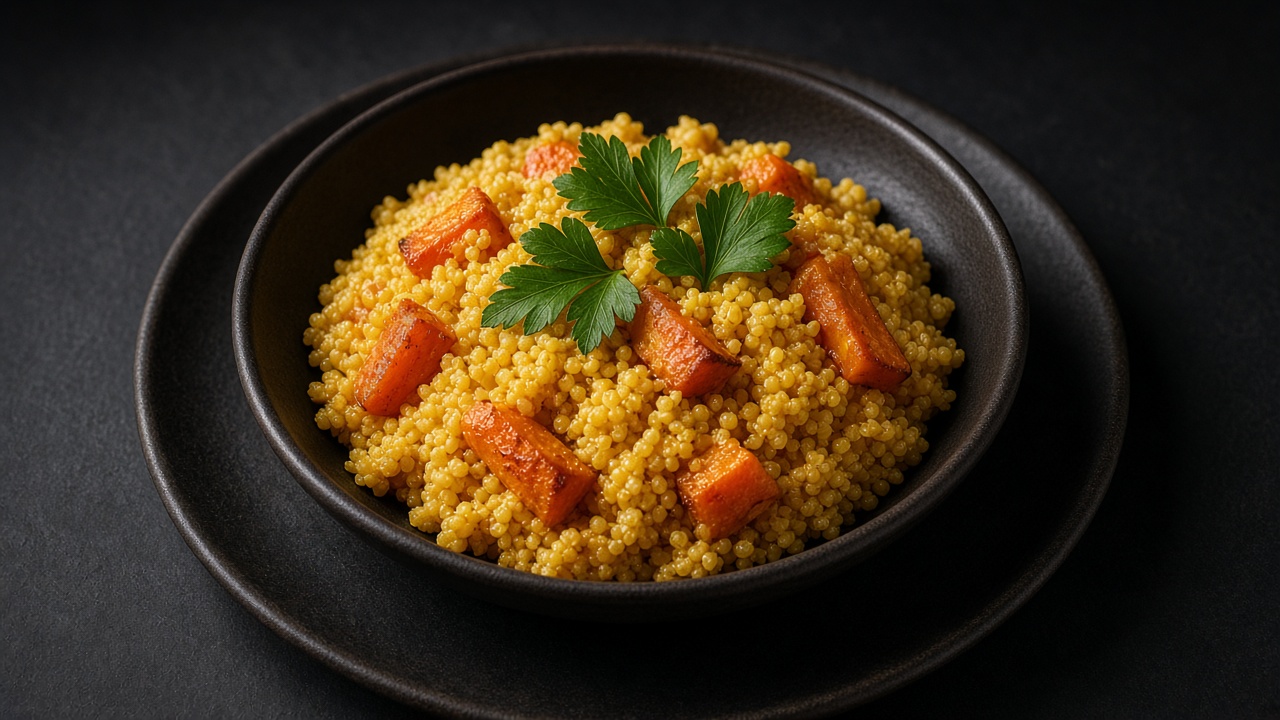 A bowl of golden curried millet pilaf scattered with raisins, toasted almonds and chopped herbs, topped with a dollop of yoghurt.