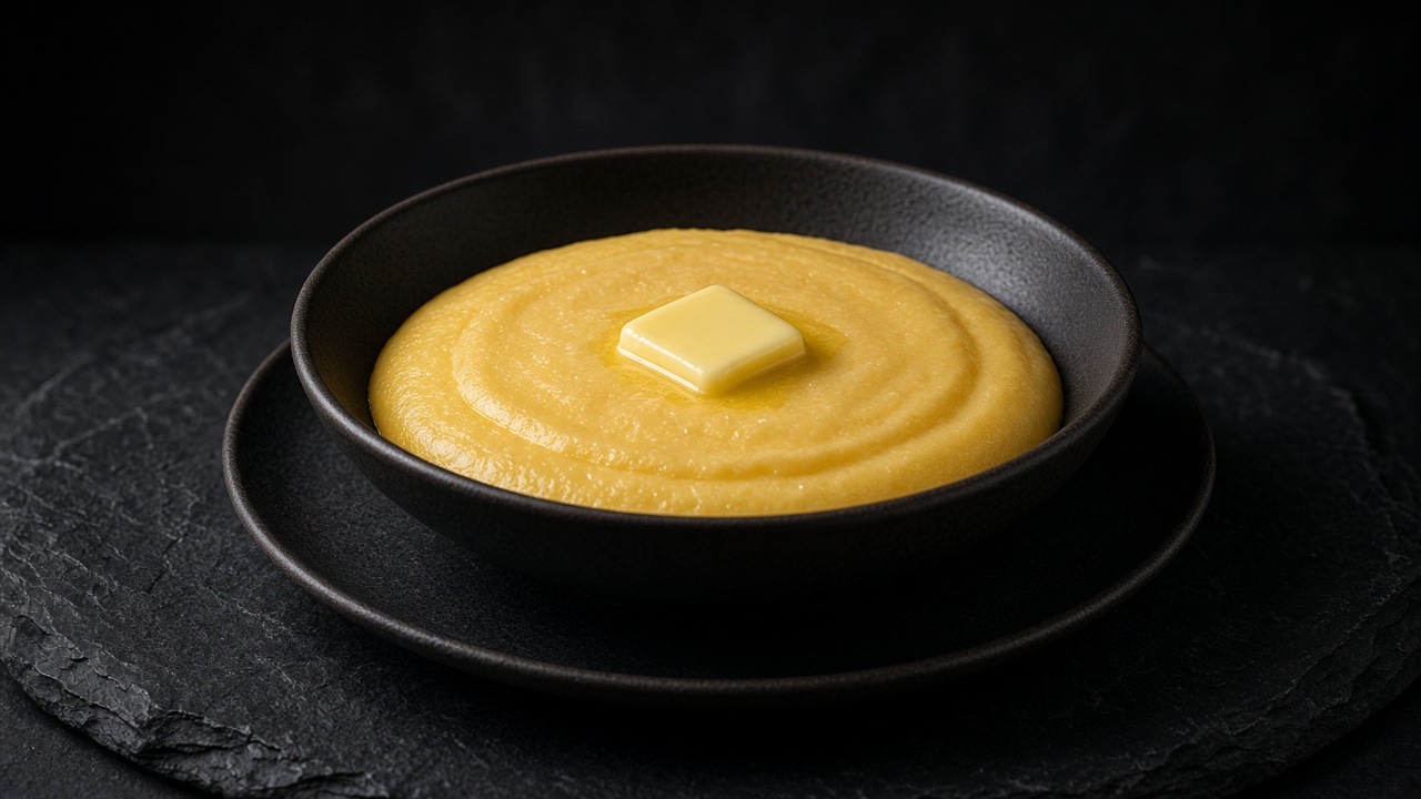 A shallow bowl of soft golden polenta with a pat of butter melting on top and a scattering of black pepper.