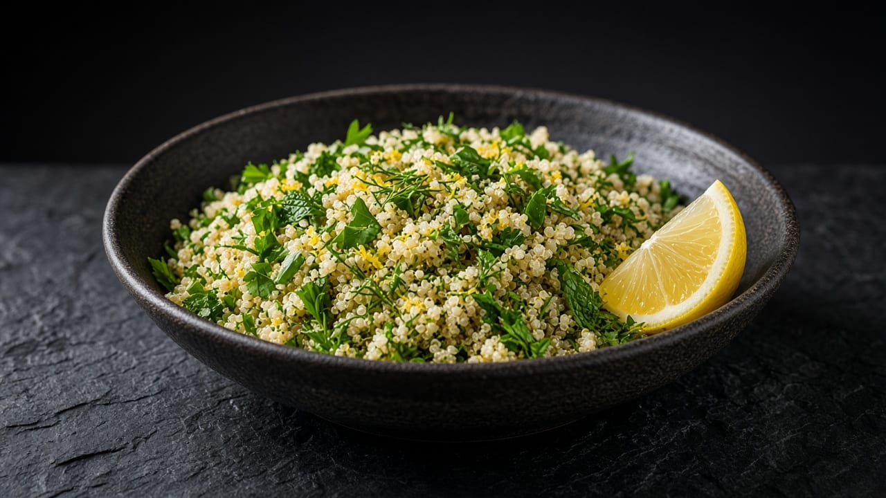 Fluffy quinoa flecked with chopped green herbs and lemon zest, with a lemon wedge.