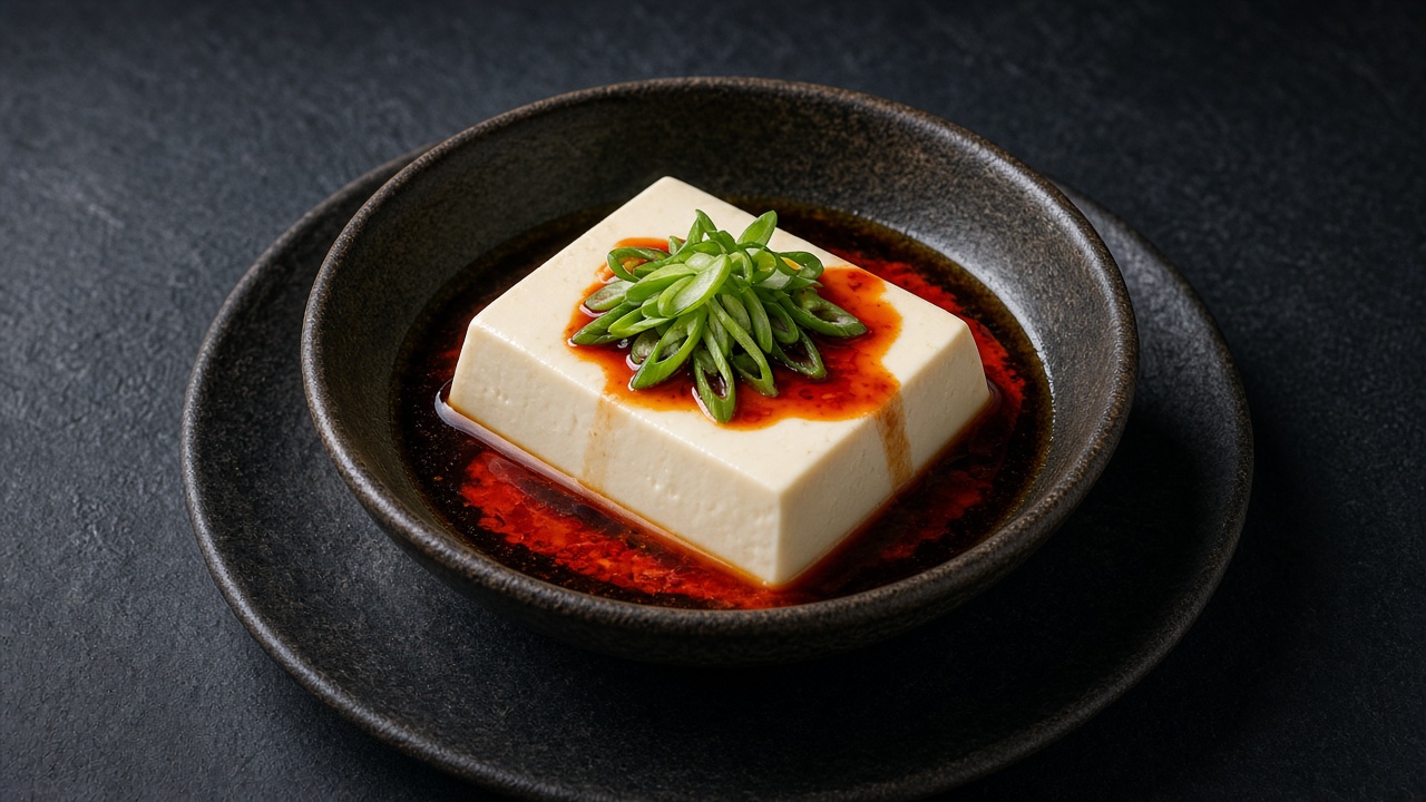A whole block of silken tofu in a pool of red chilli oil and soy, topped with spring onion.
