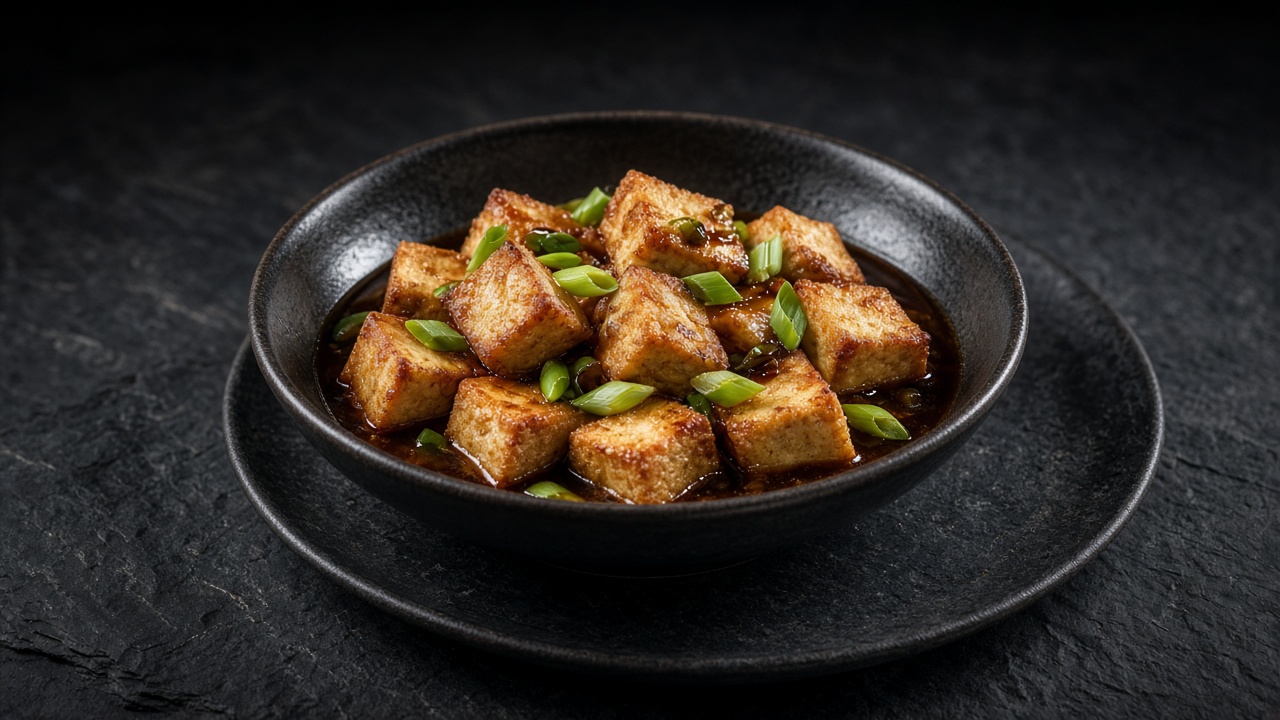 A pan of glossy glazed tofu pieces with carrots, mangetout and pak choi in a dark ginger sauce, scattered with sesame seeds.