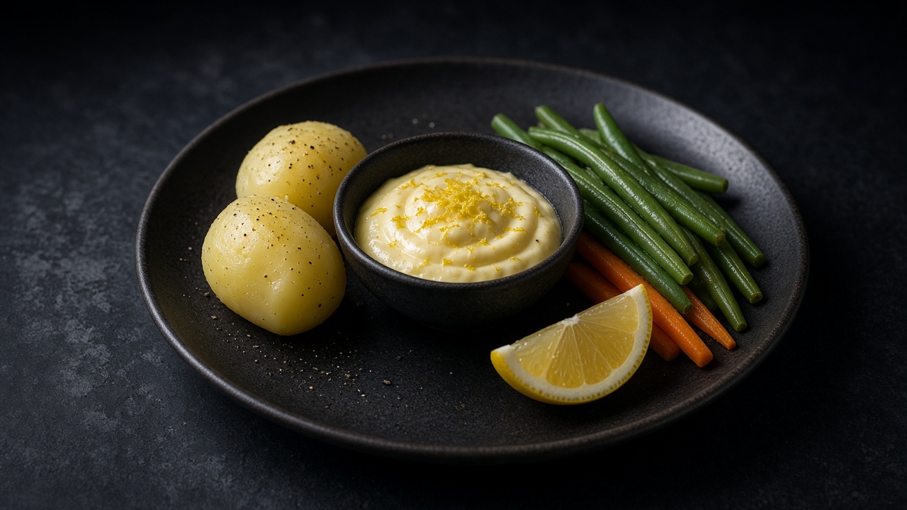 Lemon aioli in a bowl with boiled potatoes, green beans, carrot sticks and a lemon wedge.