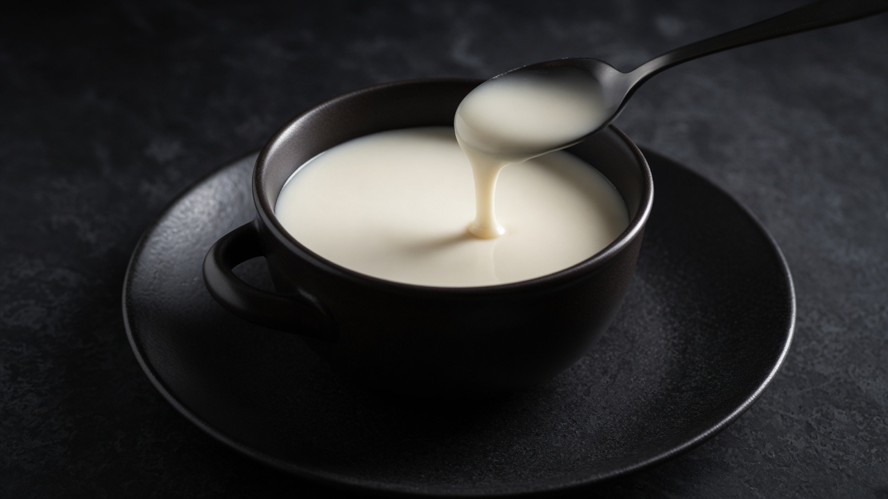 A spoon pouring thick, glossy white béchamel into a black bowl.