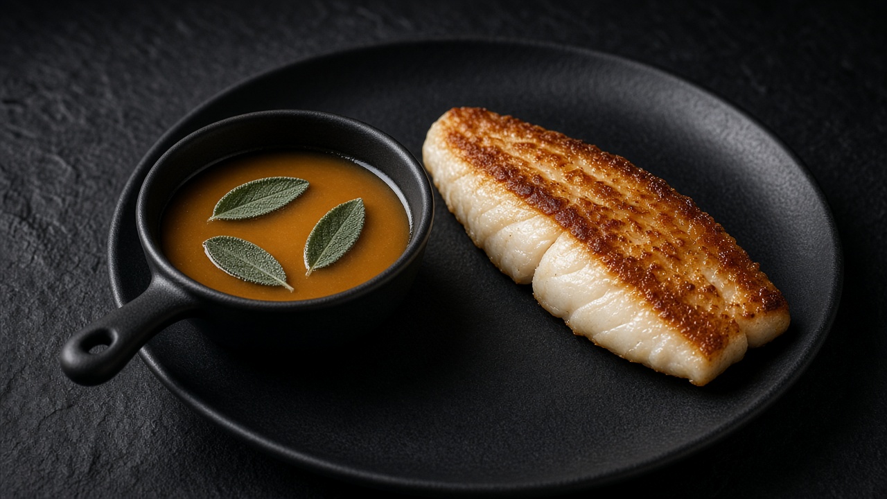 A small pan of nut-brown butter with sage leaves floating on top, next to a golden pan-fried white fish fillet.