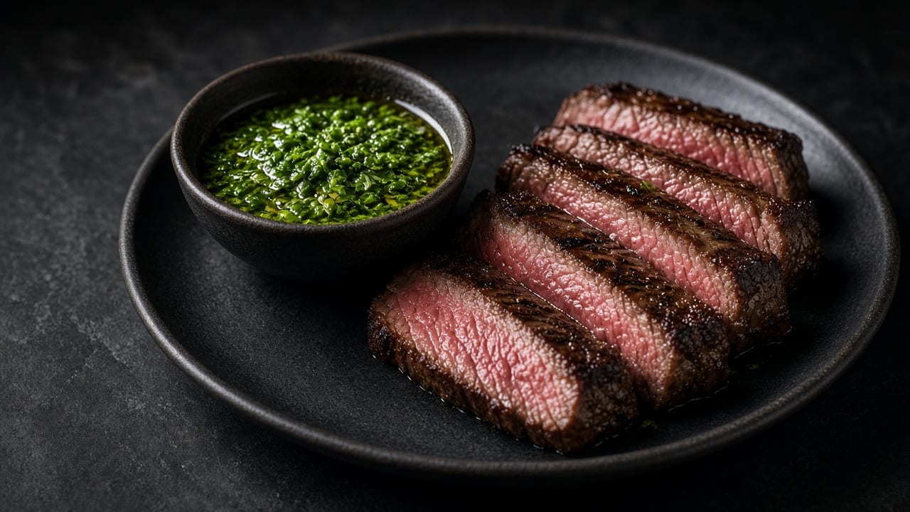 A dark bowl of bright green chimichurri beside slices of grilled steak with a browned crust.