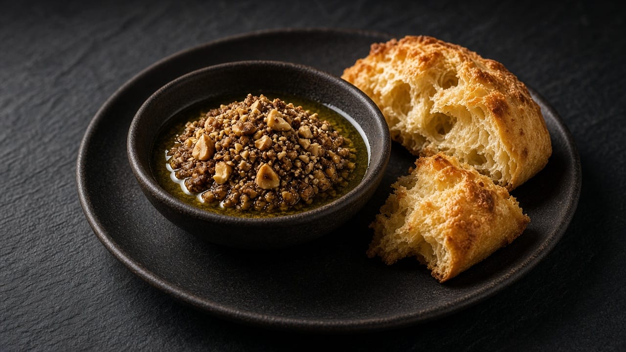 A dark bowl of coarse golden-brown dukkah beside torn pieces of crusty bread.