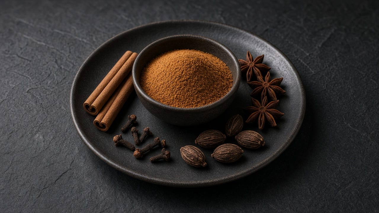 A small dark bowl of fine brown garam masala surrounded by cinnamon sticks, star anise, cloves and cardamom pods.