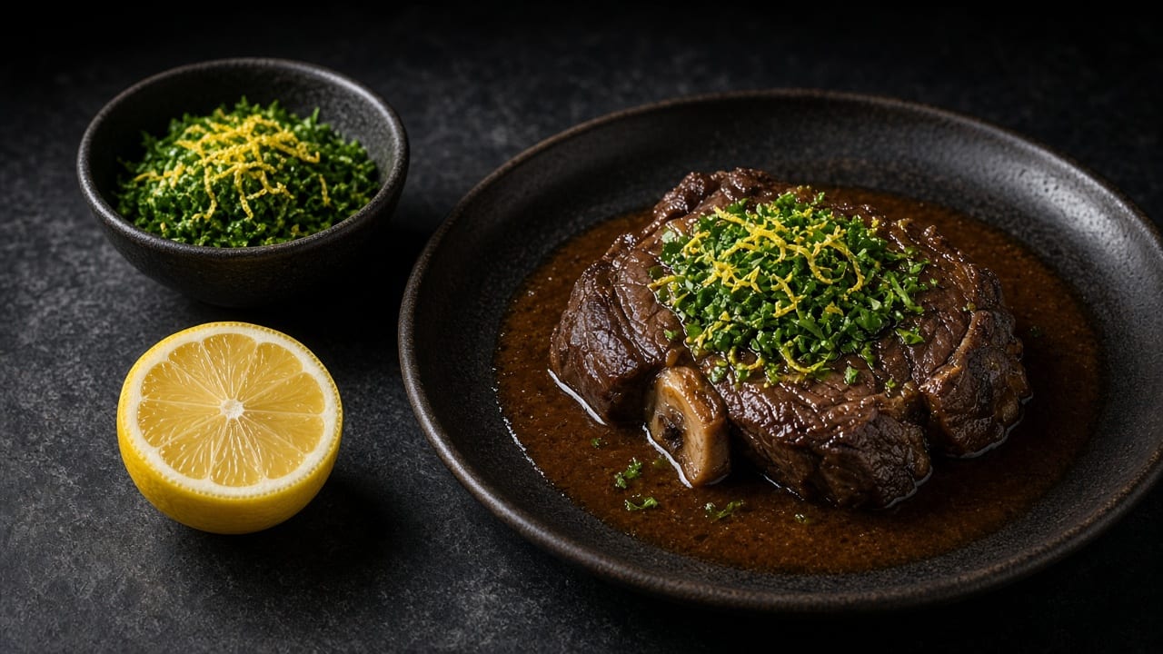 A bowl of bright green gremolata beside braised beef shank topped with it and a lemon.