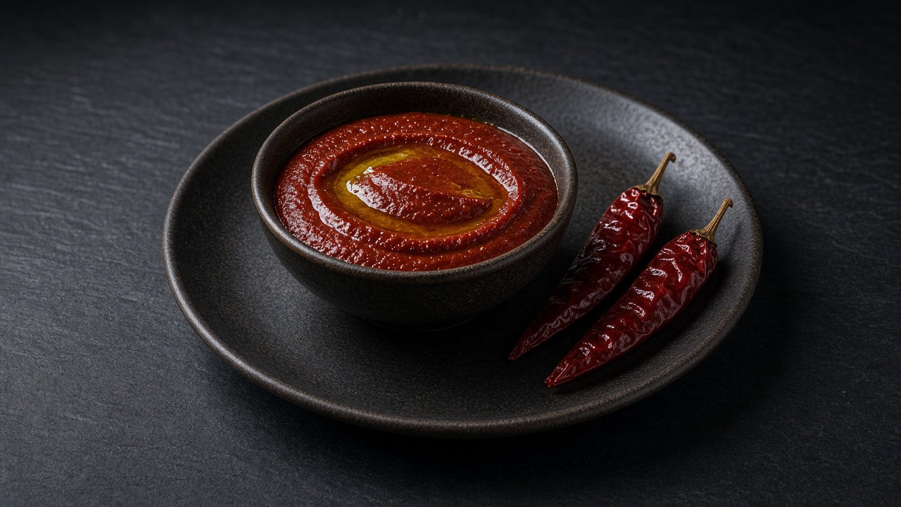 A dark bowl of glossy brick-red harissa paste with whole dried red chillies alongside.