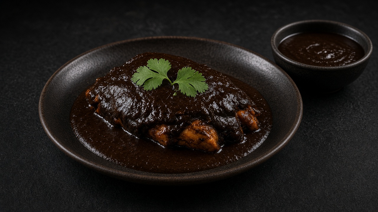 Chicken pieces coated in dark, glossy mole sauce sprinkled with sesame seeds.