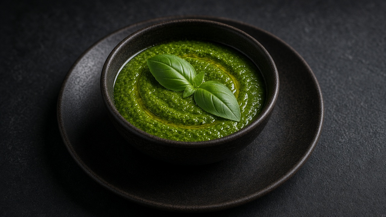 A dark bowl of bright green basil pesto topped with fresh basil leaves.