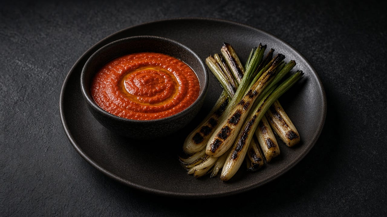 Orange-red romesco sauce in a bowl next to charred grilled spring onions.