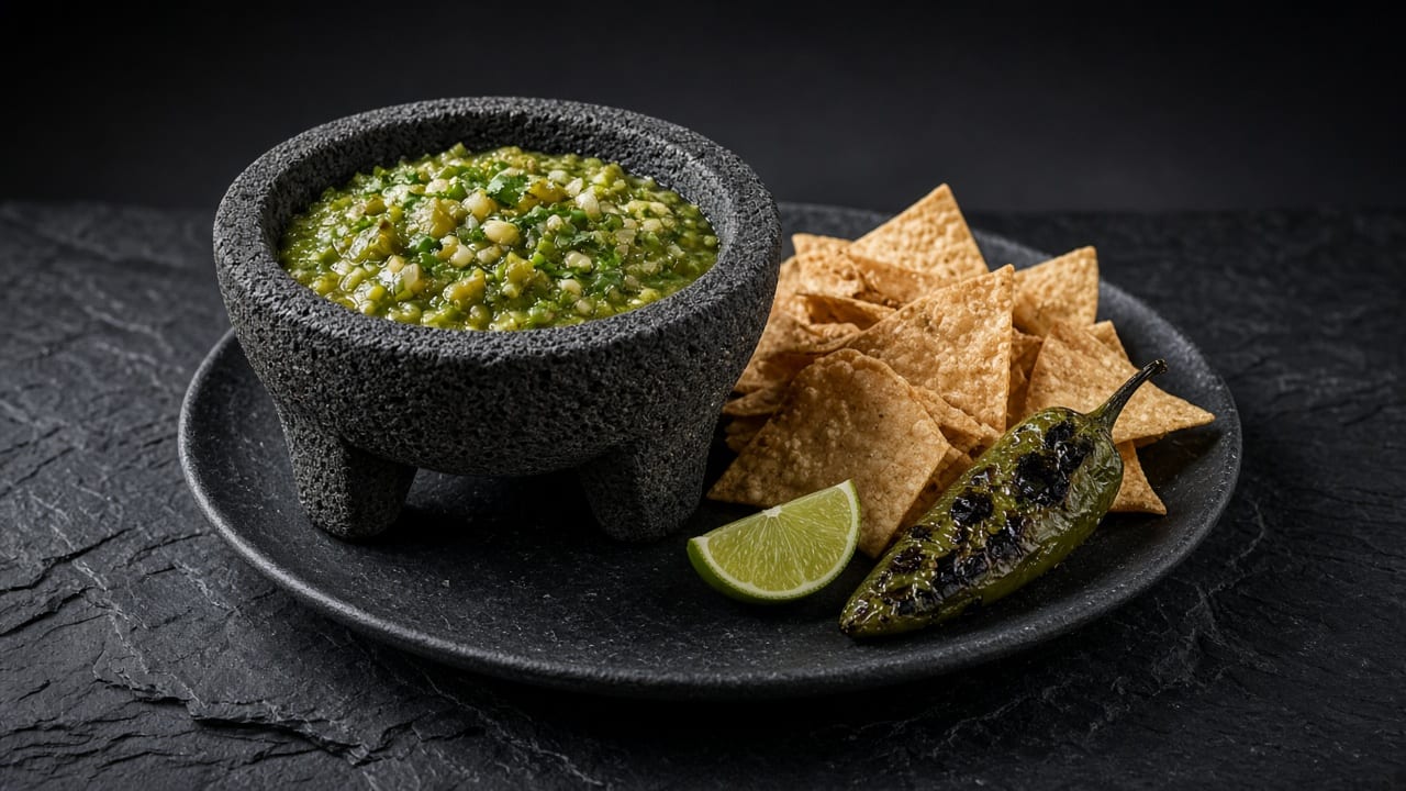 A stone molcajete of chunky green tomatillo salsa beside tortilla chips, a lime wedge and a blistered green chilli.