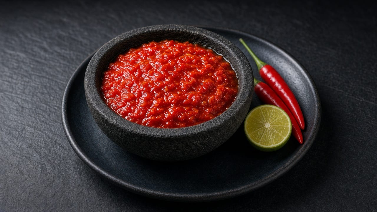 A bowl of fresh, coarse red chilli sambal with lime wedges beside it.