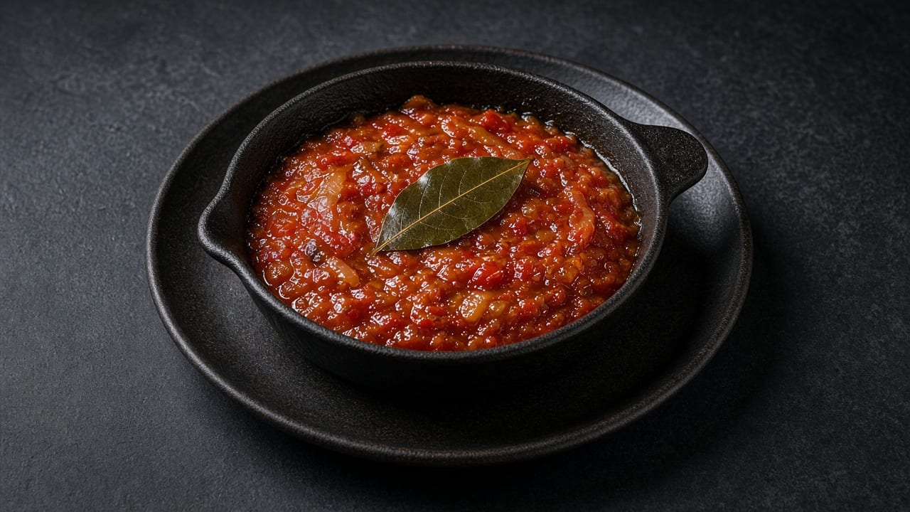 A thick, deep orange-red mixture of softened onion, pepper and tomato in a saucepan.