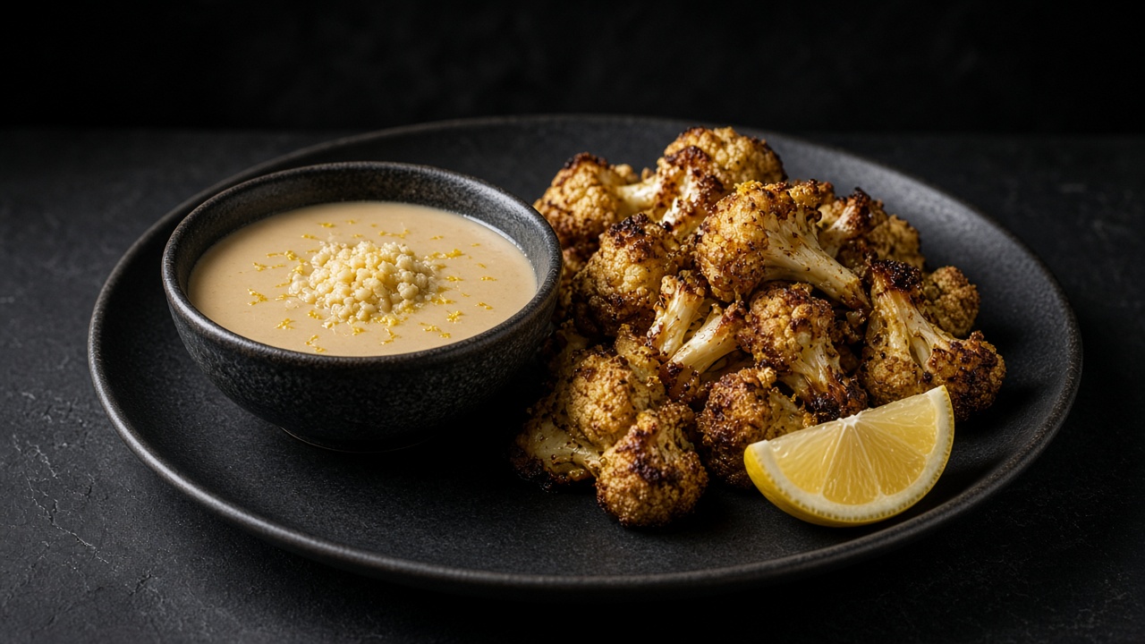 A dark bowl of creamy tahini sauce topped with grated lemon zest next to roasted cauliflower florets and a lemon wedge.