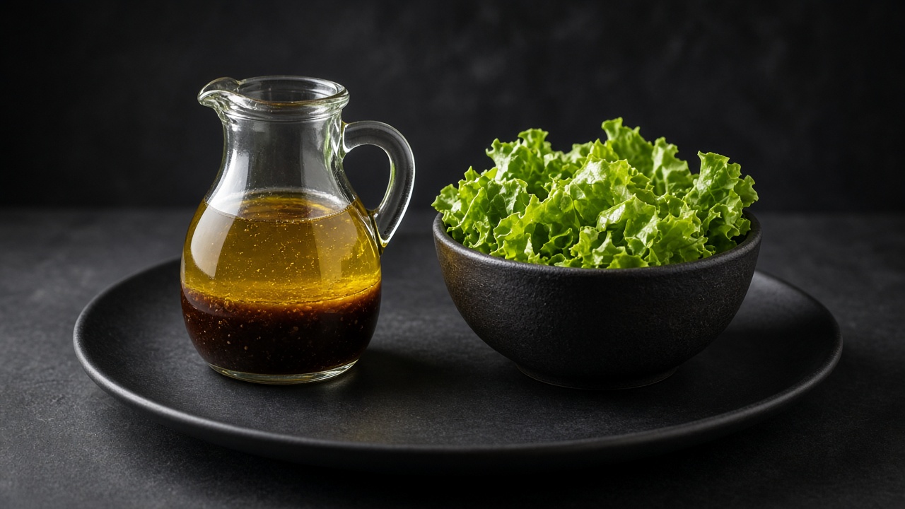A small jar of dark, glossy balsamic vinaigrette with the oil and vinegar swirled together.