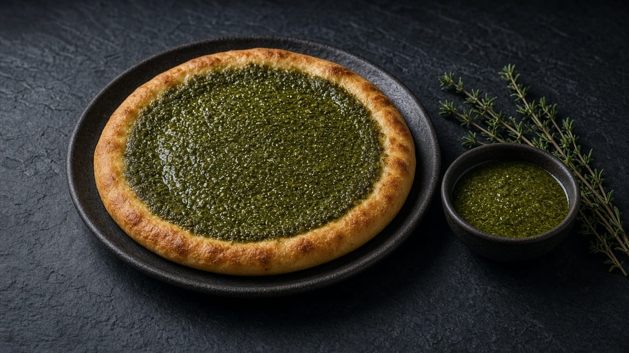 A small bowl of za'atar with thyme sprigs beside a flatbread spread with za'atar and oil.