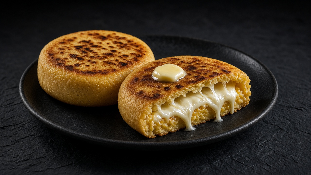 Split golden corn arepas filled with butter and white cheese.