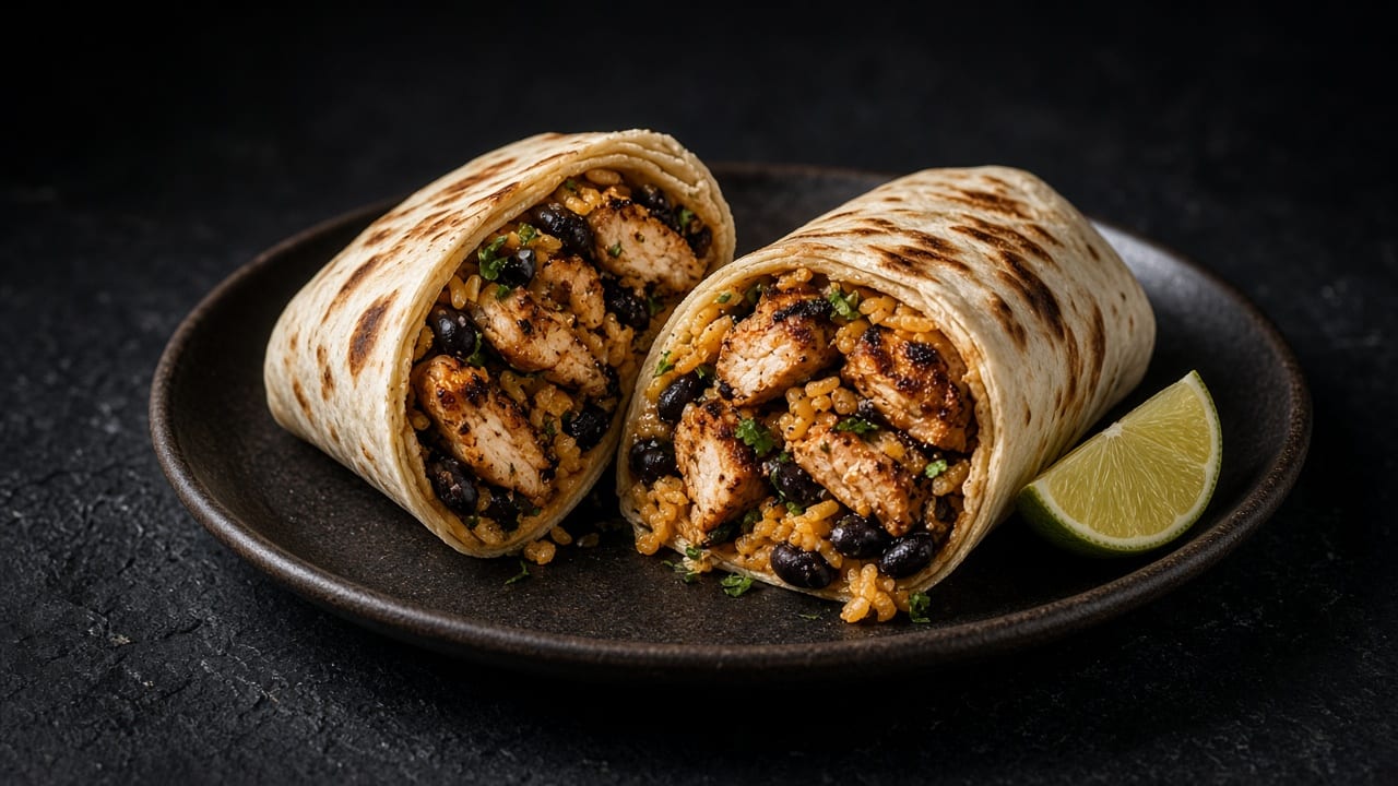 A toasted chicken burrito cut in half showing chicken, black beans, rice and greens, with a lime wedge.