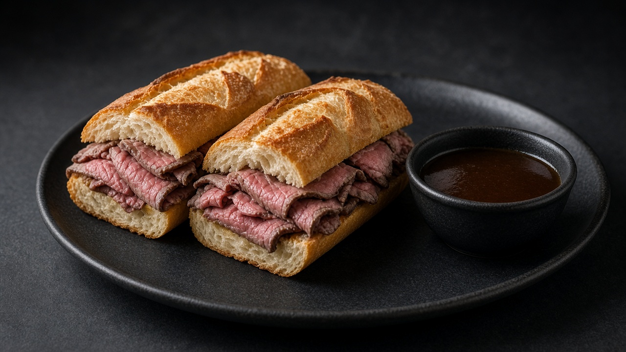 A crusty roll filled with thinly sliced pink roast beef, with a small bowl of dark jus for dipping.