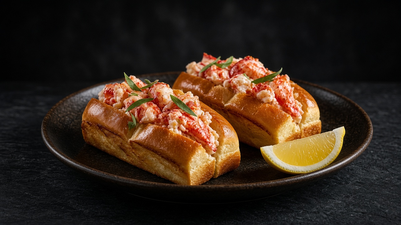 A butter-toasted bun piled with chunks of lobster salad and chives.