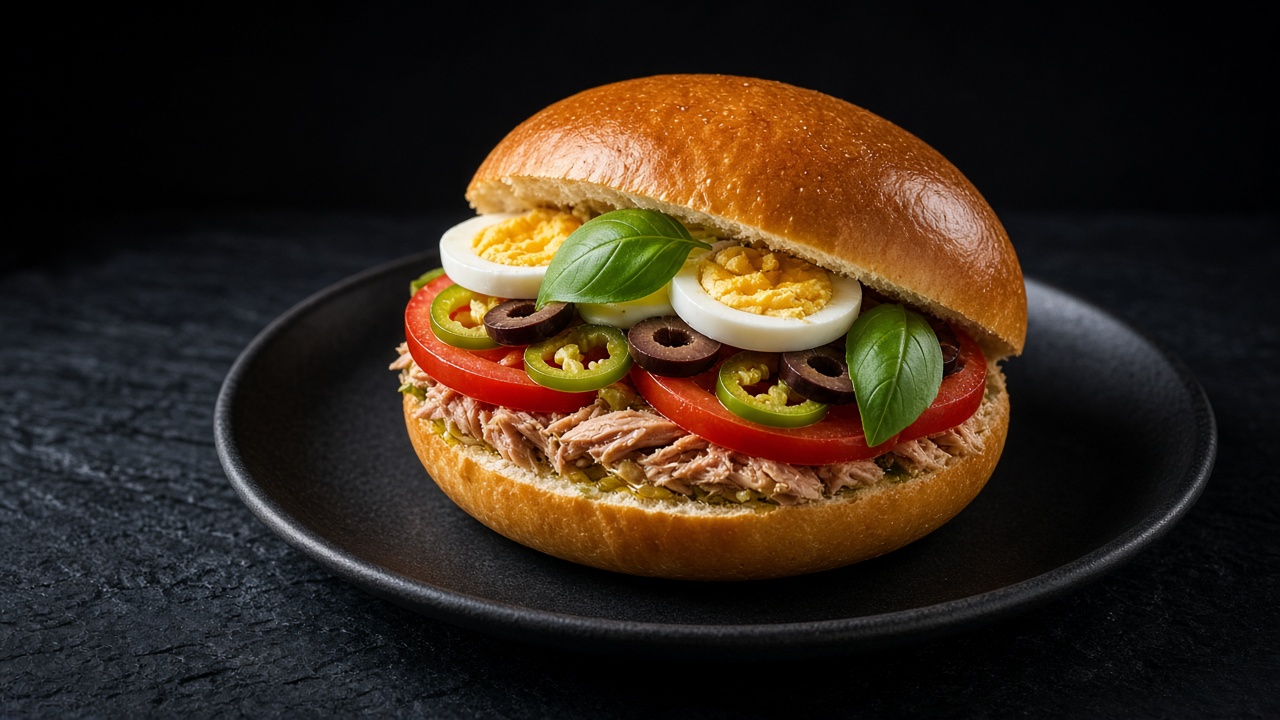 A pressed crusty sandwich cut open to show tuna, sliced egg, tomato and basil.