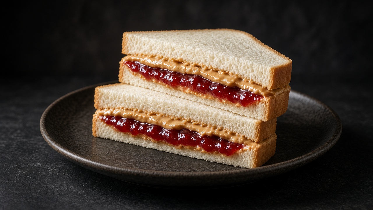 A stacked white-bread sandwich with peanut butter and red strawberry jam.