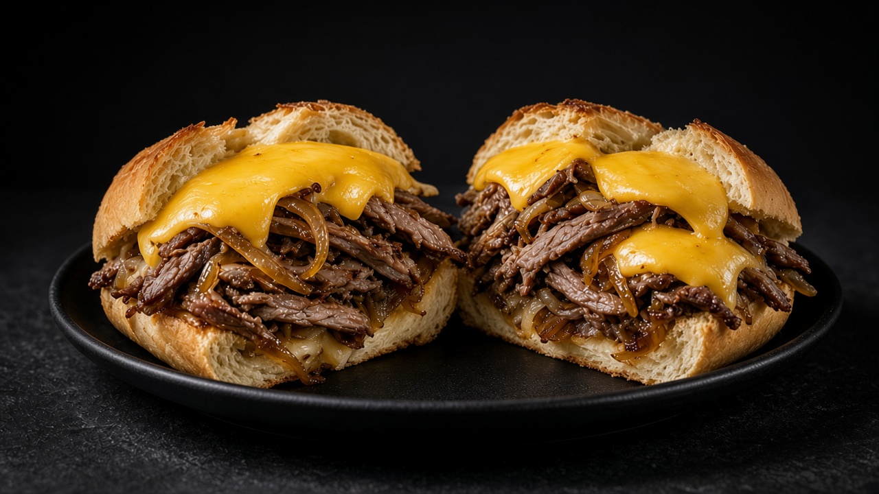 Soft rolls stuffed with chopped browned steak and melted American cheese.
