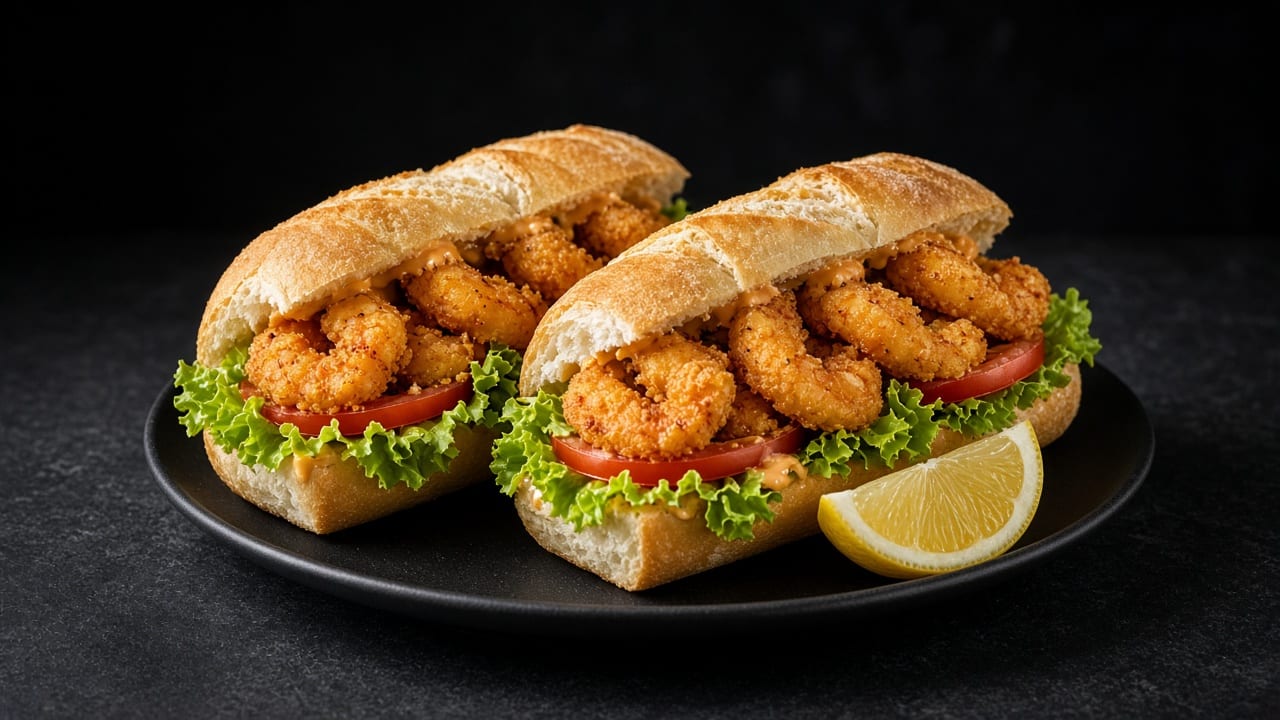 A crusty roll packed with crispy fried shrimp, lettuce, tomato and pickles.