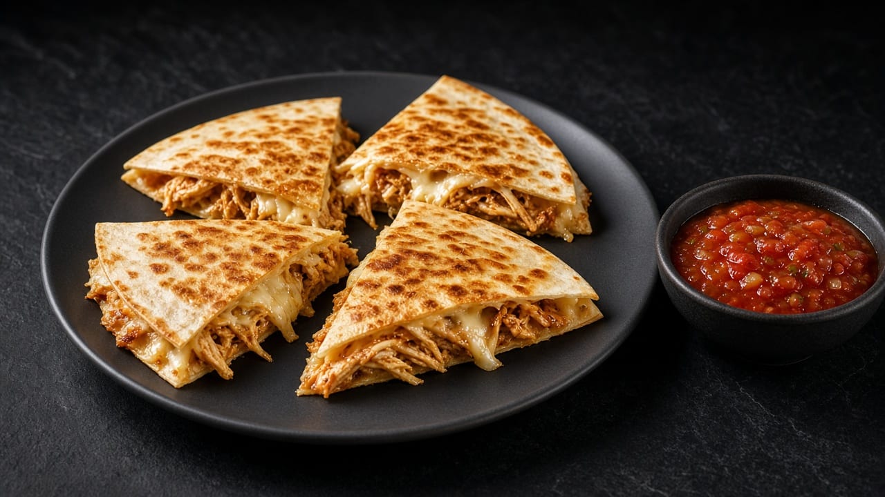 Golden chicken and cheese quesadilla wedges with melted cheese, soured cream and lime.