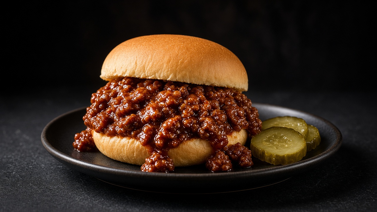 A toasted bun overflowing with saucy tomato beef, with pickles on the side.