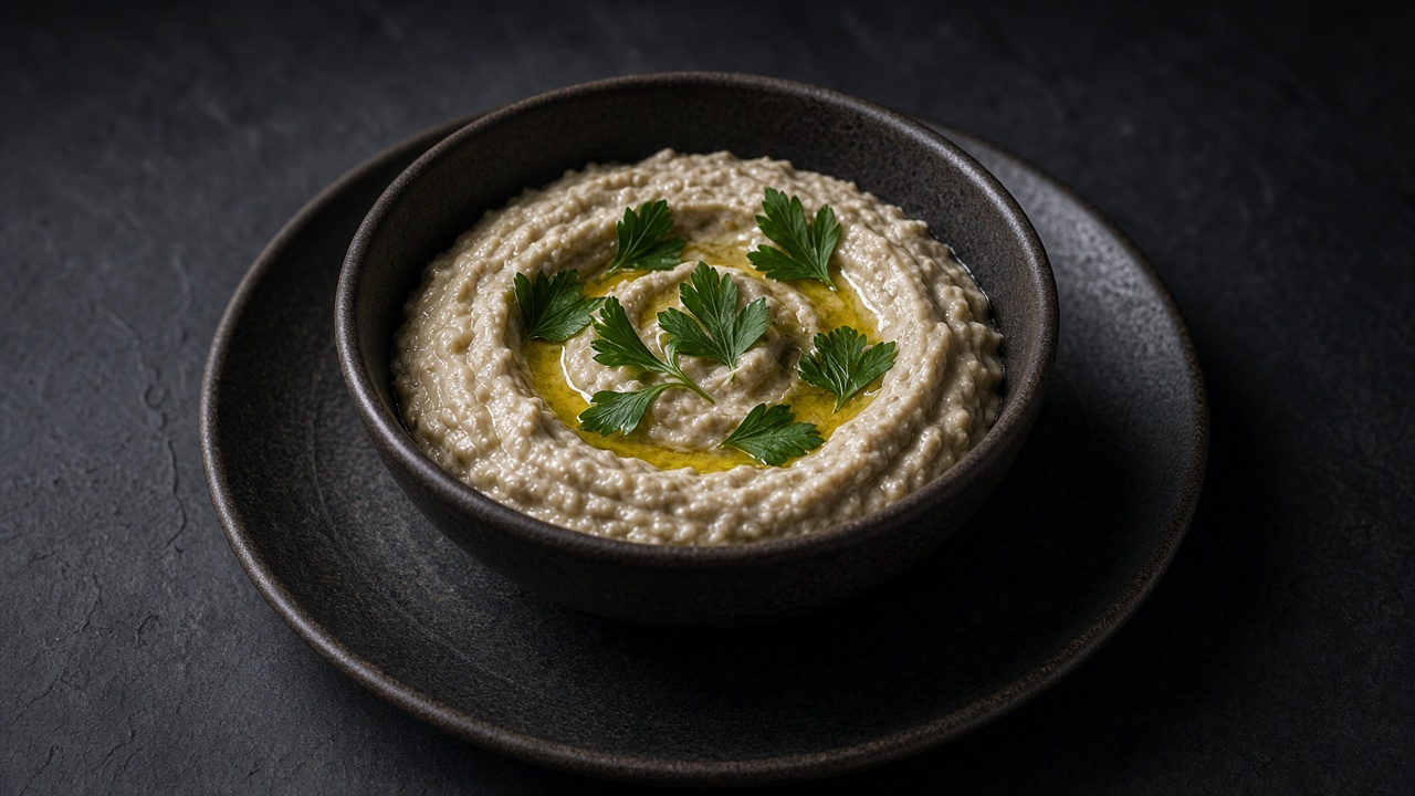 A bowl of smoky baba ghanoush drizzled with olive oil and scattered with parsley.