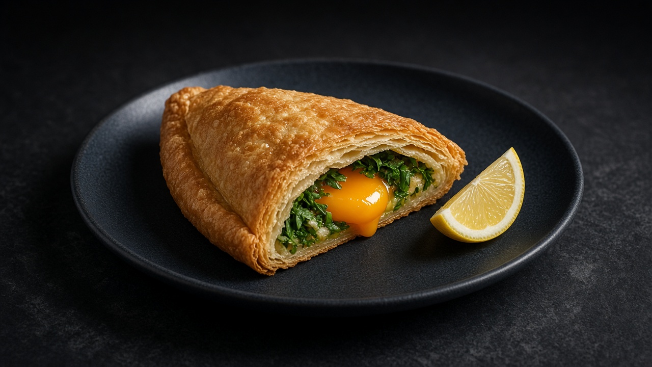 A crisp golden pastry triangle split open to reveal mashed potato, capers and a soft egg, served with a lemon wedge.
