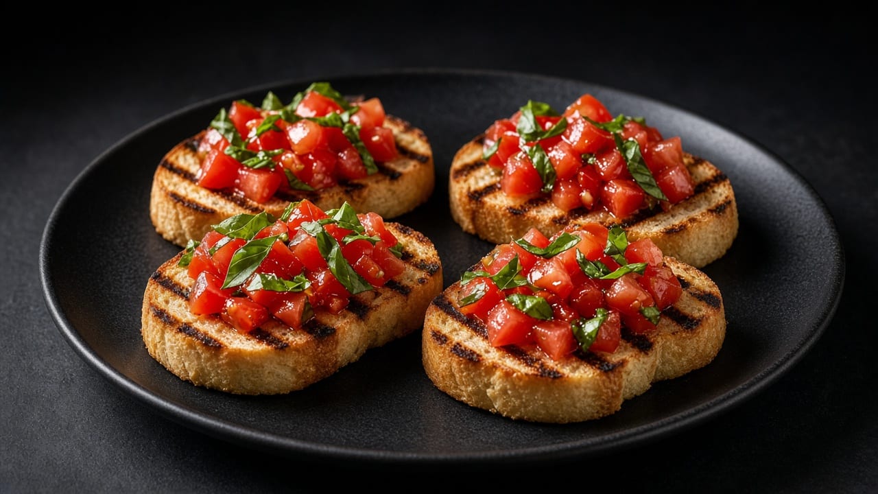 Grilled bread slices topped with diced tomatoes and fresh basil.