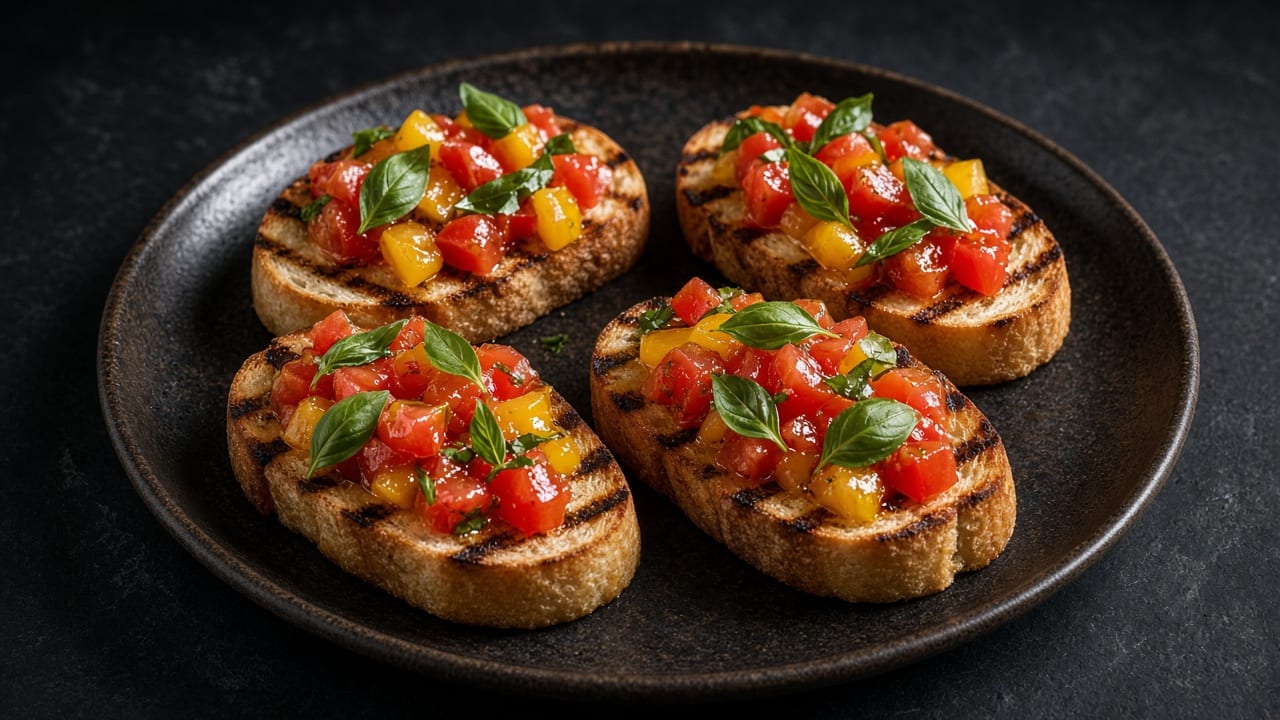 Four thick charred toasts piled with diced red and yellow tomatoes and shredded basil on a dark plate.