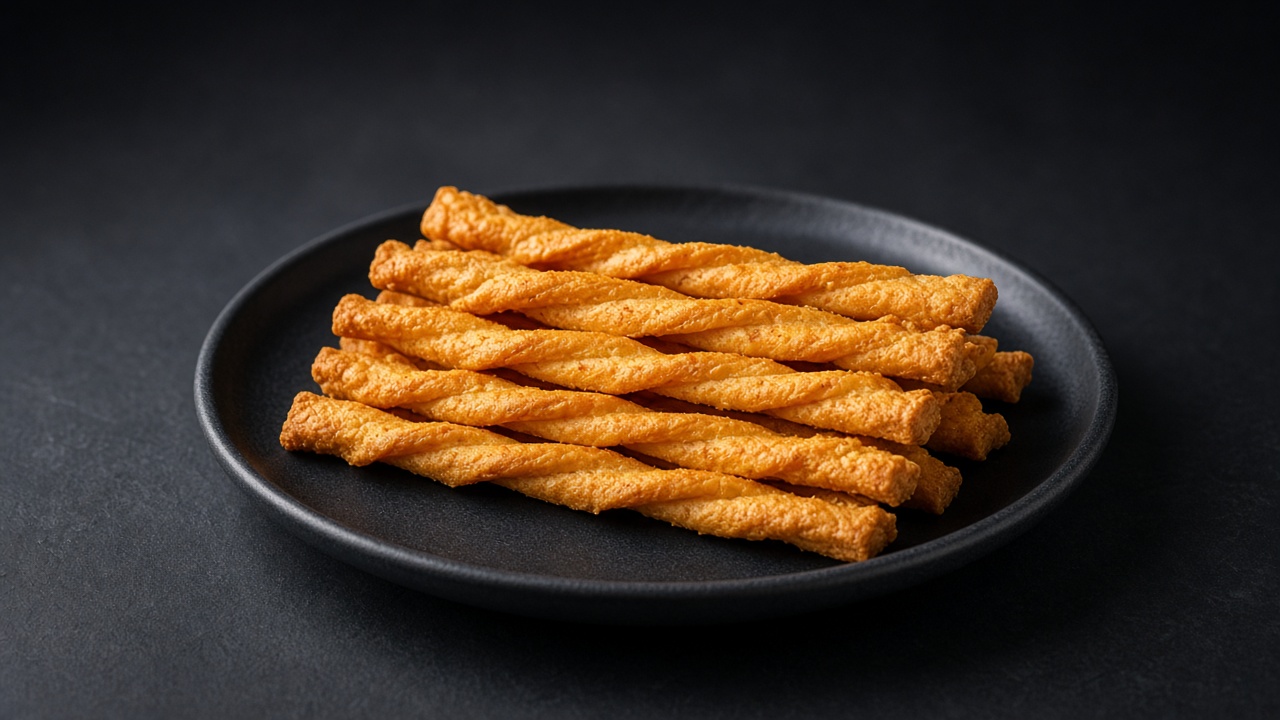 Golden twisted puff pastry cheese straws laid side by side on a dark plate.