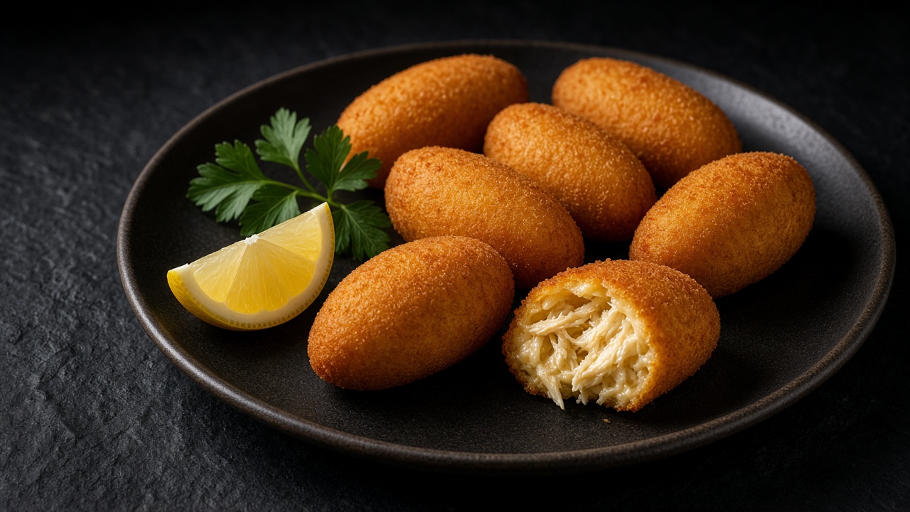 A plate of golden, crumb-coated croquetas with a creamy chicken filling, cut open to show the soft centre.