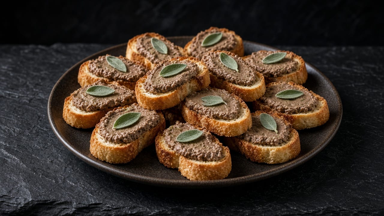 Round crostini spread with smooth chicken liver pâté, each topped with a fresh sage leaf.