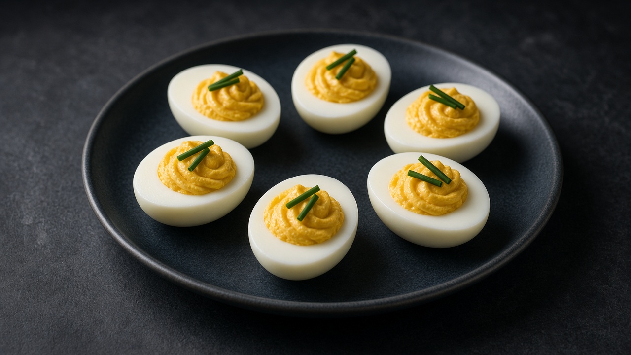 Deviled egg halves with piped yolk filling, paprika and chives on a plate.