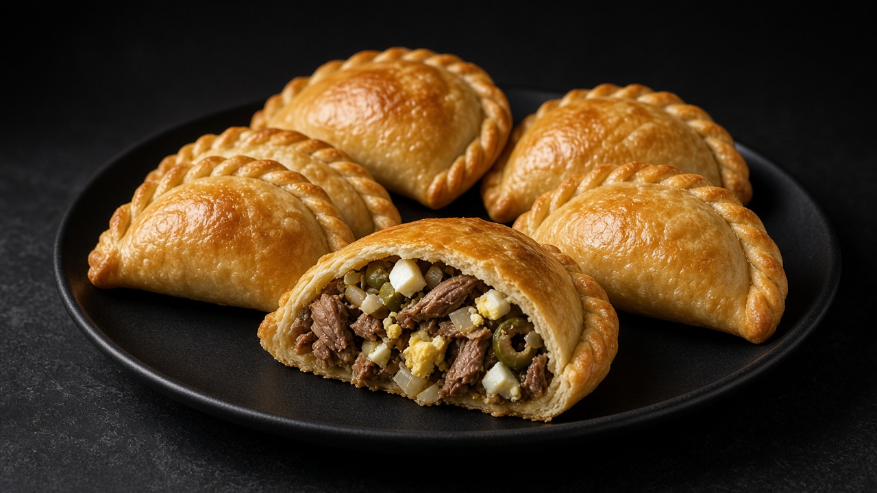 Golden crimped empanadas on a dark plate, one cut open to show beef, pepper and potato.