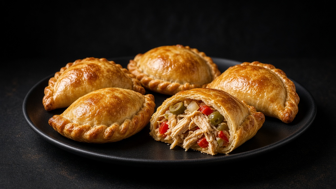 Baked chicken empanadas, one broken open to show shredded chicken with red pepper.