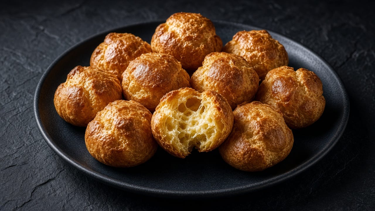 A plate of golden Gruyère gougères, one torn open to show the hollow centre.