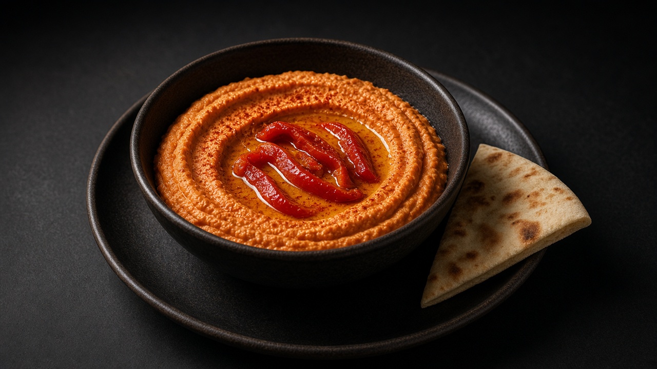 A bowl of orange-red roasted pepper hummus with pepper strips and almonds, served with pita wedges.
