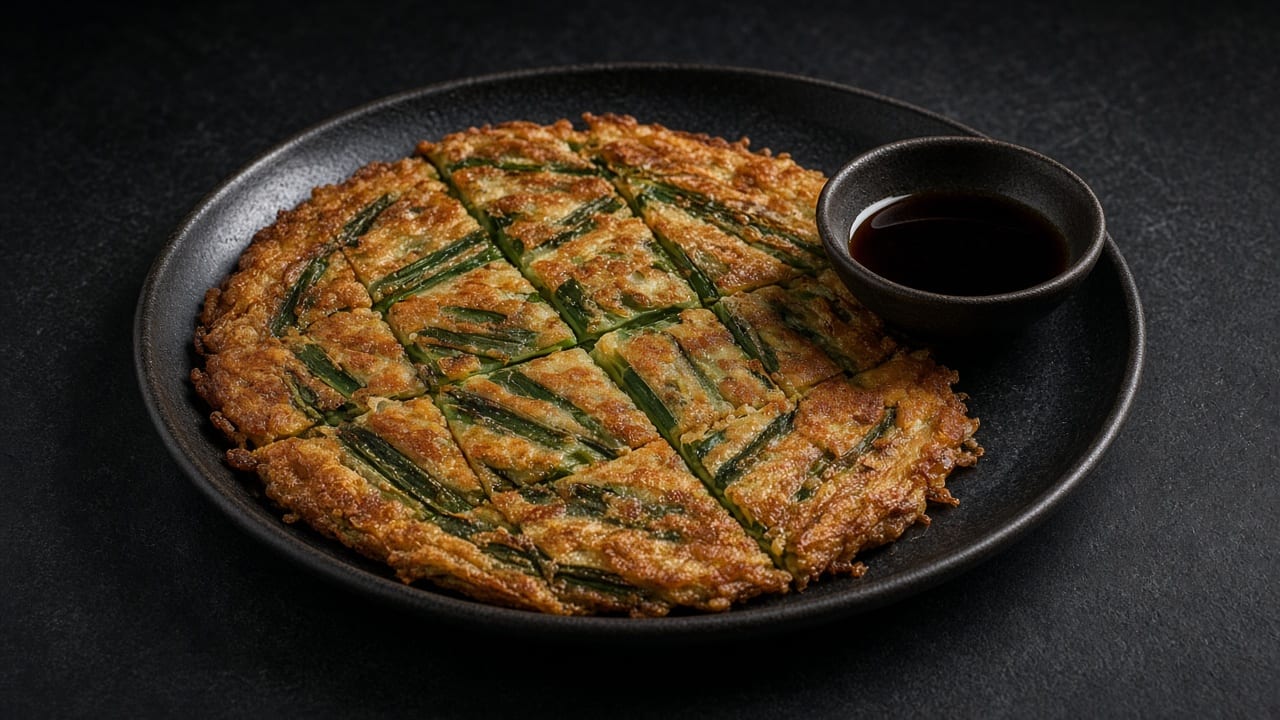 A large golden pajeon pancake streaked with spring onion on a dark plate, with a small bowl of soy dipping sauce.