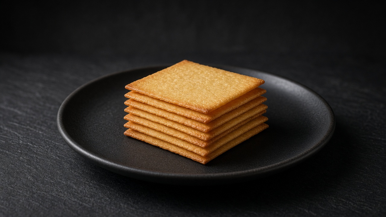 A stack of golden square cheese crackers.