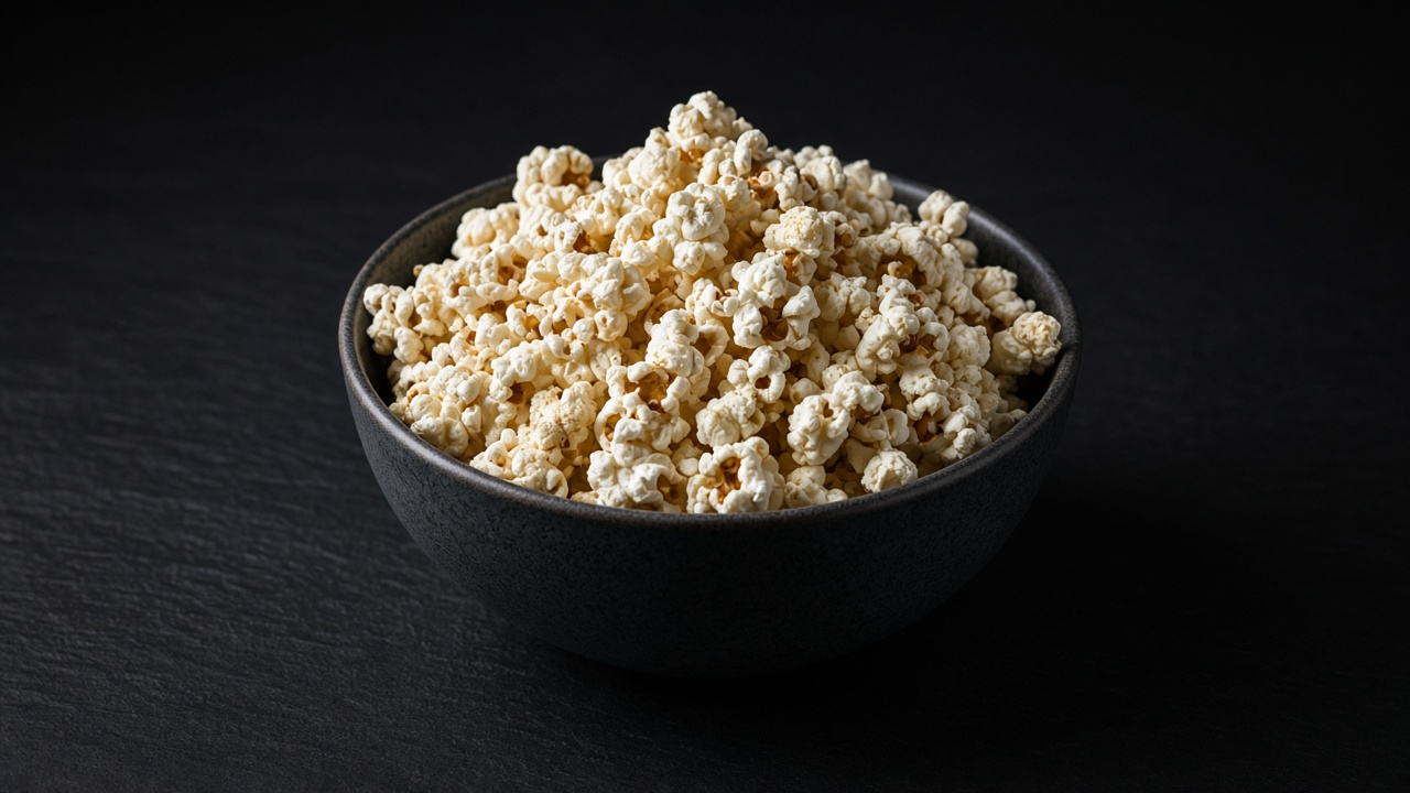 A dark bowl heaped with fluffy white buttered popcorn.