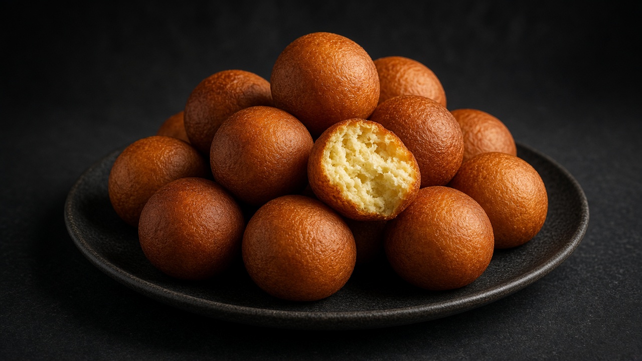 A pile of round golden puff-puff on a dark plate, one torn open to show the soft inside.