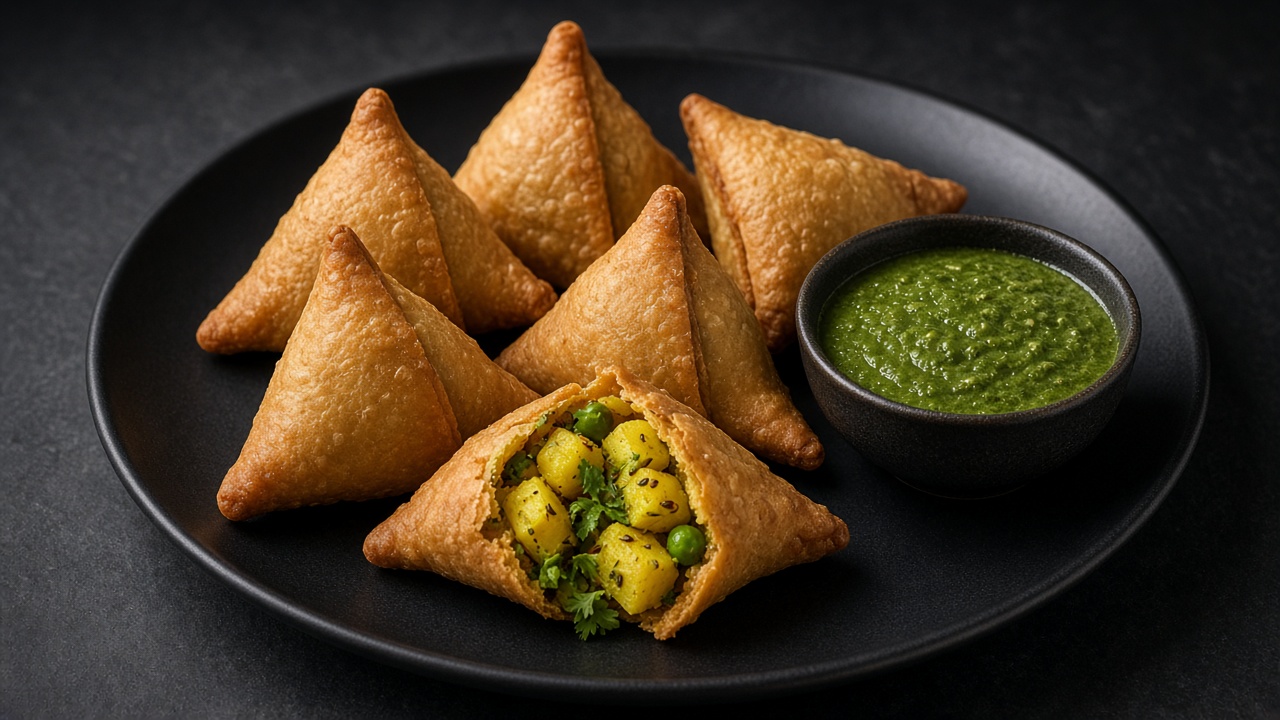 Golden samosas on a dark plate, one cut open to show the potato and pea filling, with green chutney.