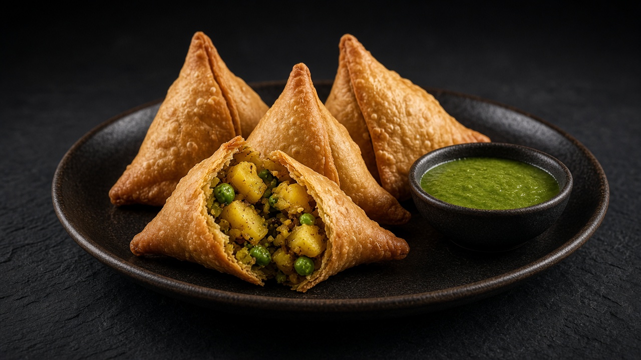 Three golden fried samosas, one broken open to show the potato and pea filling, with a small bowl of green chutney.